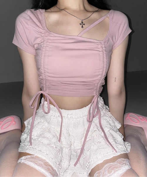 me+em select(ミームセレクト)の「【 3color 】ダブルシャーリングリボンストラップTシャツ / double shirring ribbon strap T-shirts(Tシャツ/カットソー・レディース・ブラック/ホワイト/ピンク・FREE)」の14枚目の写真