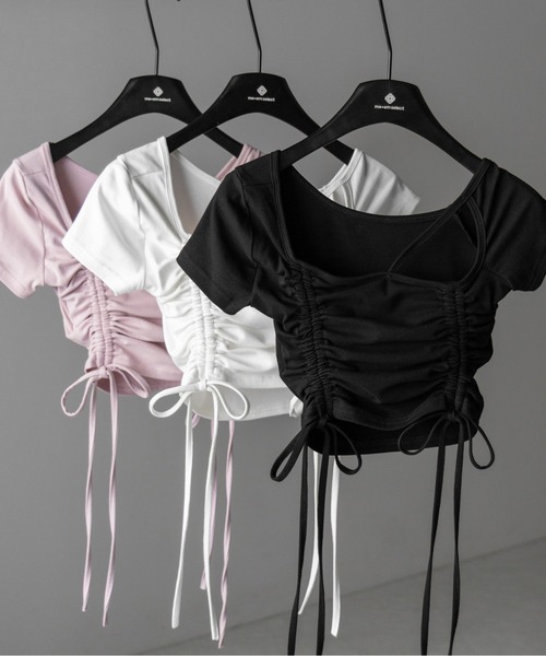 me+em select(ミームセレクト)の「【 3color 】ダブルシャーリングリボンストラップTシャツ / double shirring ribbon strap T-shirts(Tシャツ/カットソー・レディース・ブラック/ホワイト/ピンク・FREE)」の5枚目の写真