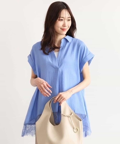 MK MICHEL KLEIN（エムケーミッシェルクラン）の「[洗える]裾レースデザインスキッパーシャツブラウス（シャツ/ブラウス・レディース・アイボリー/ブルー/ブラウン・38）」の6枚目の写真