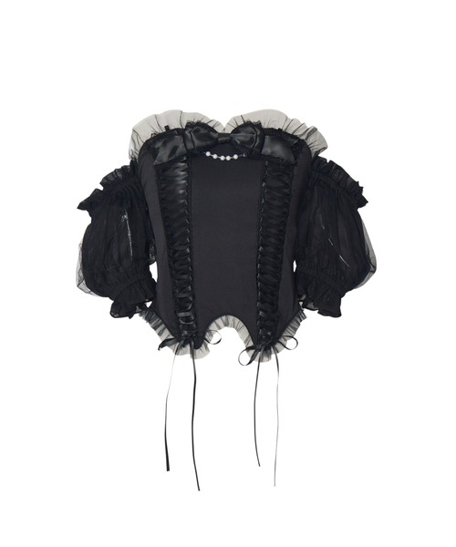 AVENCHUMU(アバンチュウム)の「Race up off shoulder tulle puff tops(チューブトップ・レディース・ブラック×ピンク/ブラック・XS/FREE)」の1枚目の写真