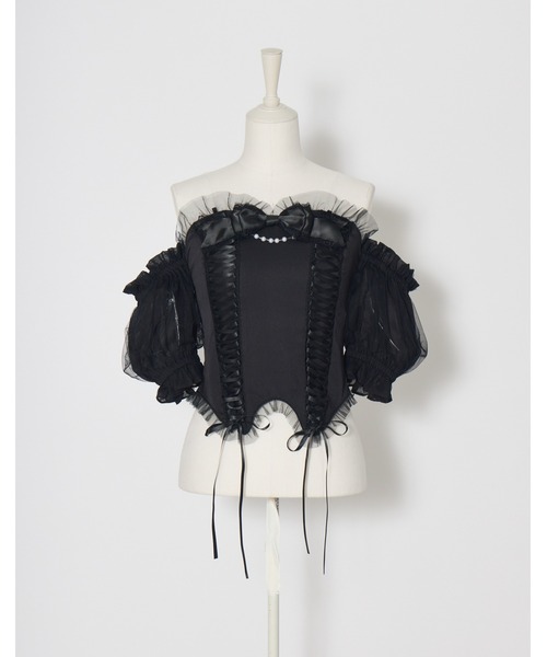 AVENCHUMU(アバンチュウム)の「Race up off shoulder tulle puff tops(チューブトップ・レディース・ブラック×ピンク/ブラック・XS/FREE)」の9枚目の写真