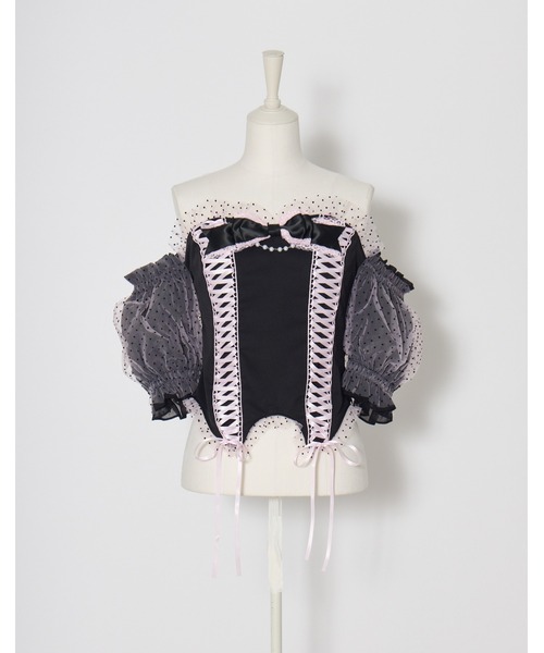 AVENCHUMU(アバンチュウム)の「Race up off shoulder tulle puff tops(チューブトップ・レディース・ブラック×ピンク/ブラック・XS/FREE)」の7枚目の写真