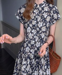 モノトーン花柄パールボタン付きミニワンピース
