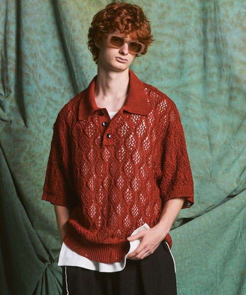 UNISEX》Sheer Lace Mesh Prime-Over Knit Polo Shirt/シアーレース