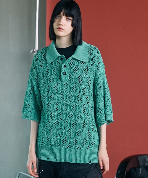 UNISEX》Sheer Lace Mesh Prime-Over Knit Polo Shirt/シアーレース