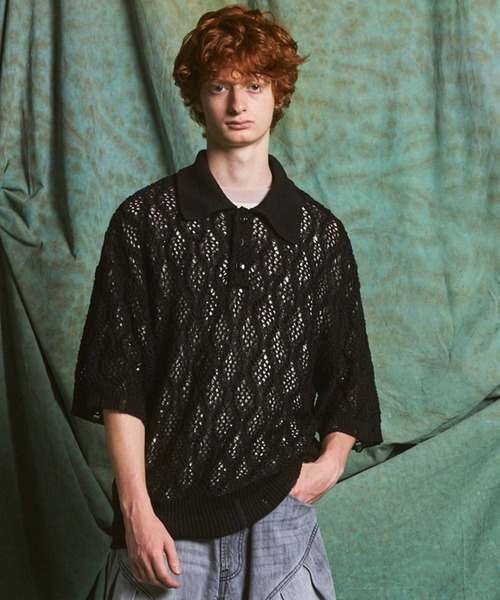 MAISON SPECIAL(メゾンスペシャル)の「《UNISEX》Sheer Lace Mesh Prime-Over Knit Polo Shirt/シアーレースメッシュプライムオーバーニットポロシャツ【MAISON SPECIAL/メゾンスペシャル】(ポロシャツ・メンズ・レッド/ライトグリーン/ブラック・0/2/1)」の1枚目の写真