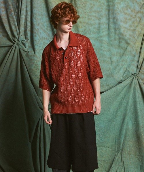 MAISON SPECIAL(メゾンスペシャル)の「《UNISEX》Sheer Lace Mesh Prime-Over Knit Polo Shirt/シアーレースメッシュプライムオーバーニットポロシャツ【MAISON SPECIAL/メゾンスペシャル】(ポロシャツ・メンズ・レッド/ライトグリーン/ブラック・0/2/1)」の7枚目の写真