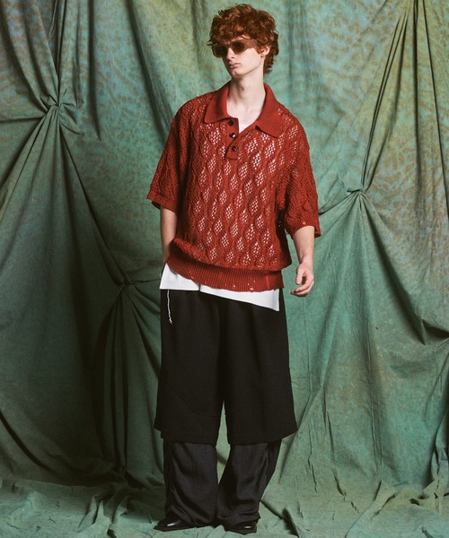MAISON SPECIAL(メゾンスペシャル)の「《UNISEX》Sheer Lace Mesh Prime-Over Knit Polo Shirt/シアーレースメッシュプライムオーバーニットポロシャツ【MAISON SPECIAL/メゾンスペシャル】(ポロシャツ・メンズ・レッド/ライトグリーン/ブラック・0/2/1)」の4枚目の写真