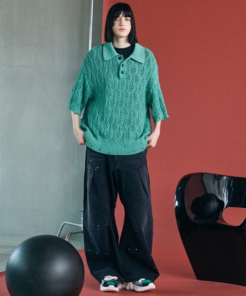 MAISON SPECIAL(メゾンスペシャル)の「《UNISEX》Sheer Lace Mesh Prime-Over Knit Polo Shirt/シアーレースメッシュプライムオーバーニットポロシャツ【MAISON SPECIAL/メゾンスペシャル】(ポロシャツ・メンズ・レッド/ライトグリーン/ブラック・0/2/1)」の5枚目の写真