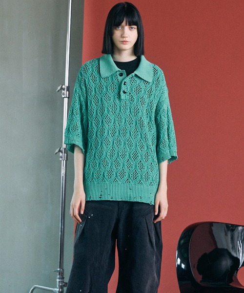 MAISON SPECIAL(メゾンスペシャル)の「《UNISEX》Sheer Lace Mesh Prime-Over Knit Polo Shirt/シアーレースメッシュプライムオーバーニットポロシャツ【MAISON SPECIAL/メゾンスペシャル】(ポロシャツ・メンズ・レッド/ライトグリーン/ブラック・0/2/1)」の20枚目の写真