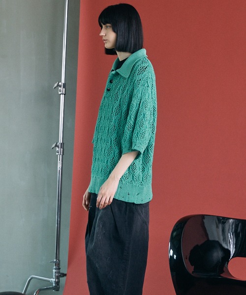 MAISON SPECIAL(メゾンスペシャル)の「《UNISEX》Sheer Lace Mesh Prime-Over Knit Polo Shirt/シアーレースメッシュプライムオーバーニットポロシャツ【MAISON SPECIAL/メゾンスペシャル】(ポロシャツ・メンズ・レッド/ライトグリーン/ブラック・0/2/1)」の21枚目の写真