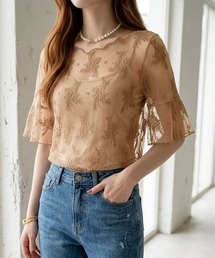 シアー刺繍レース半袖カットソー