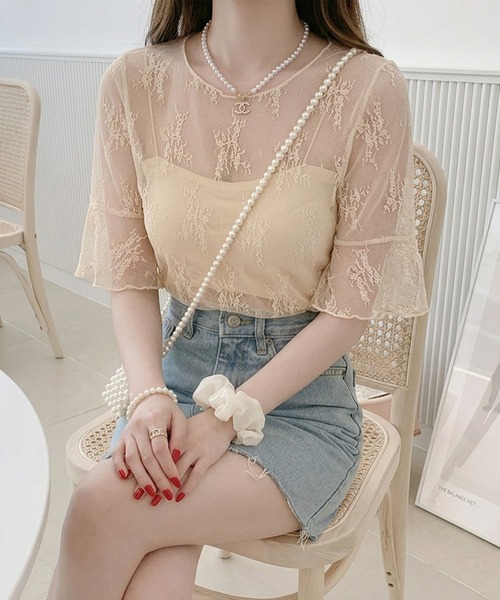IRADOWL(アイラドール)の「シアー刺繍レース半袖カットソー(Tシャツ/カットソー・レディース・アイボリー/グレー/ホワイト/ブラウン系その他/ブラック・FREE)」の3枚目の写真