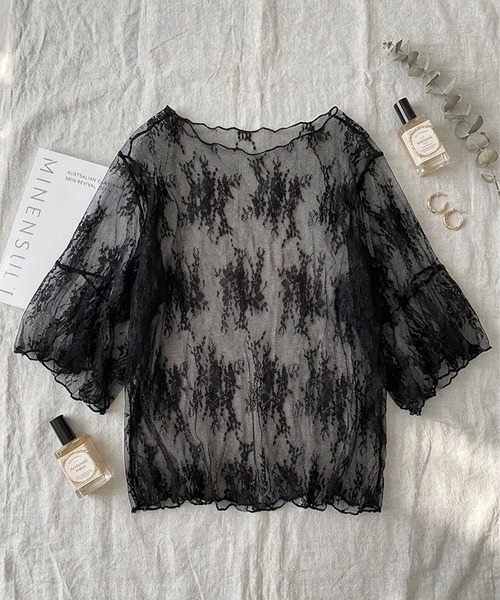 IRADOWL(アイラドール)の「シアー刺繍レース半袖カットソー(Tシャツ/カットソー・レディース・アイボリー/グレー/ホワイト/ブラウン系その他/ブラック・FREE)」の7枚目の写真