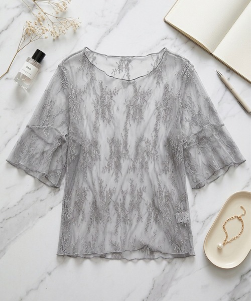 IRADOWL(アイラドール)の「シアー刺繍レース半袖カットソー(Tシャツ/カットソー・レディース・アイボリー/グレー/ホワイト/ブラウン系その他/ブラック・FREE)」の9枚目の写真