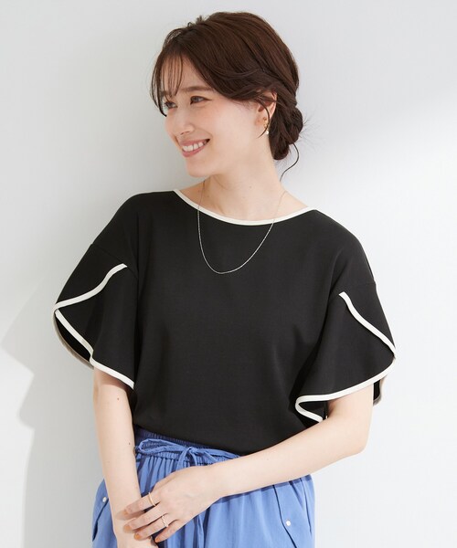 SHOO・LA・RUE(シューラルー)の「【ひんやり/洗濯機可/S-LL】配色パイピング フレアスリーブトップス(Tシャツ/カットソー・レディース・ベージュ系その他7/チャコール/ブラック系4・02/03/01/04)」の8枚目の写真