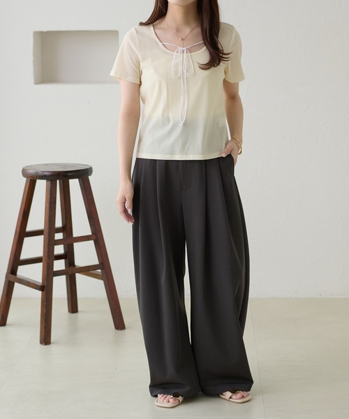 apres jour clair（アプレジュールクレア）の「【apres jour clair】リボンデザインシアーベロアトップス（Tシャツ/カットソー・レディース・ブラック/オリーブ/アイボリー・X-LARGE/フリー）」の9枚目の写真