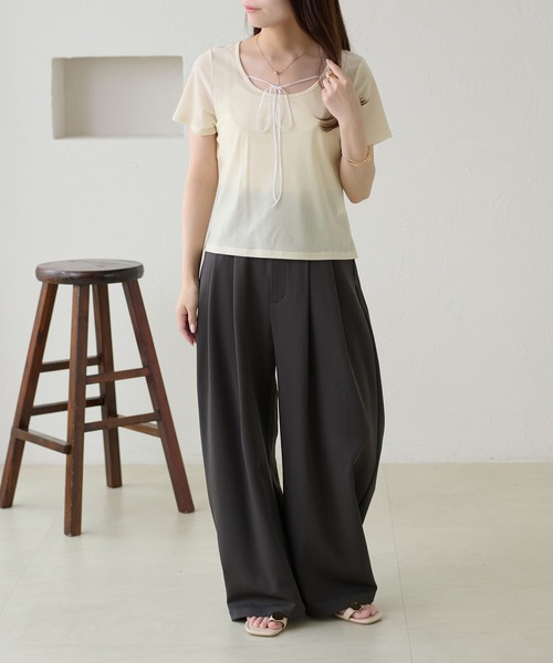 apres jour clair（アプレジュールクレア）の「【apres jour clair】リボンデザインシアーベロアトップス（Tシャツ/カットソー・レディース・ブラック/オリーブ/アイボリー・X-LARGE/フリー）」の10枚目の写真