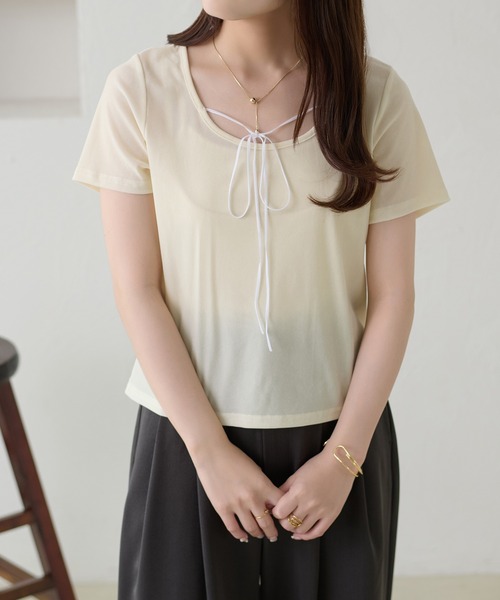 apres jour clair（アプレジュールクレア）の「【apres jour clair】リボンデザインシアーベロアトップス（Tシャツ/カットソー・レディース・ブラック/オリーブ/アイボリー・X-LARGE/フリー）」の5枚目の写真