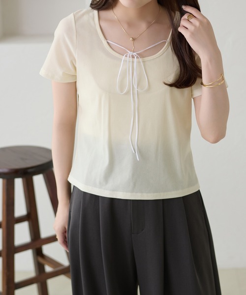 apres jour clair（アプレジュールクレア）の「【apres jour clair】リボンデザインシアーベロアトップス（Tシャツ/カットソー・レディース・ブラック/オリーブ/アイボリー・X-LARGE/フリー）」の6枚目の写真