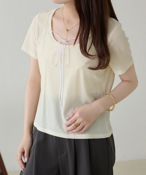 apres jour clair（アプレジュールクレア）の「【apres jour clair】リボンデザインシアーベロアトップス（Tシャツ/カットソー・レディース・ブラック/オリーブ/アイボリー・X-LARGE/フリー）」の4枚目の写真