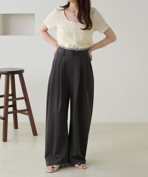 apres jour clair（アプレジュールクレア）の「【apres jour clair】リボンデザインシアーベロアトップス（Tシャツ/カットソー・レディース・ブラック/オリーブ/アイボリー・X-LARGE/フリー）」の13枚目の写真