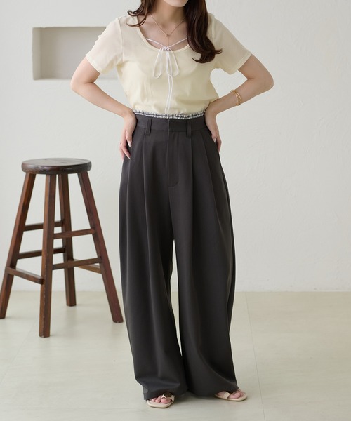 apres jour clair（アプレジュールクレア）の「【apres jour clair】リボンデザインシアーベロアトップス（Tシャツ/カットソー・レディース・ブラック/オリーブ/アイボリー・X-LARGE/フリー）」の14枚目の写真