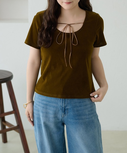 apres jour clair（アプレジュールクレア）の「【apres jour clair】リボンデザインシアーベロアトップス（Tシャツ/カットソー・レディース・ブラック/オリーブ/アイボリー・X-LARGE/フリー）」の18枚目の写真
