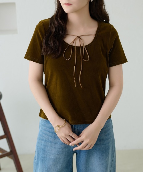 apres jour clair（アプレジュールクレア）の「【apres jour clair】リボンデザインシアーベロアトップス（Tシャツ/カットソー・レディース・ブラック/オリーブ/アイボリー・X-LARGE/フリー）」の19枚目の写真