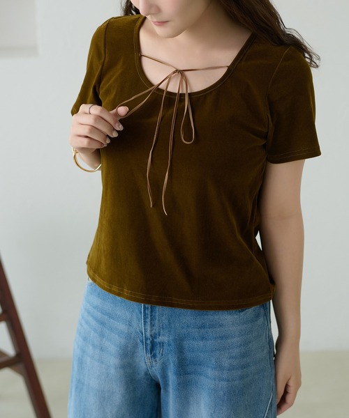 apres jour clair（アプレジュールクレア）の「【apres jour clair】リボンデザインシアーベロアトップス（Tシャツ/カットソー・レディース・ブラック/オリーブ/アイボリー・X-LARGE/フリー）」の22枚目の写真