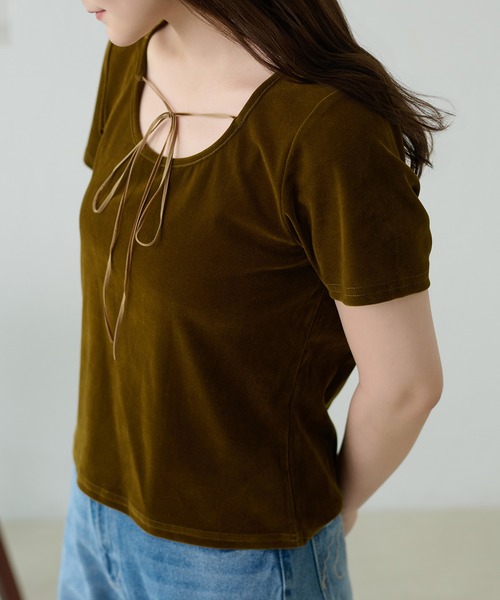 apres jour clair（アプレジュールクレア）の「【apres jour clair】リボンデザインシアーベロアトップス（Tシャツ/カットソー・レディース・ブラック/オリーブ/アイボリー・X-LARGE/フリー）」の17枚目の写真