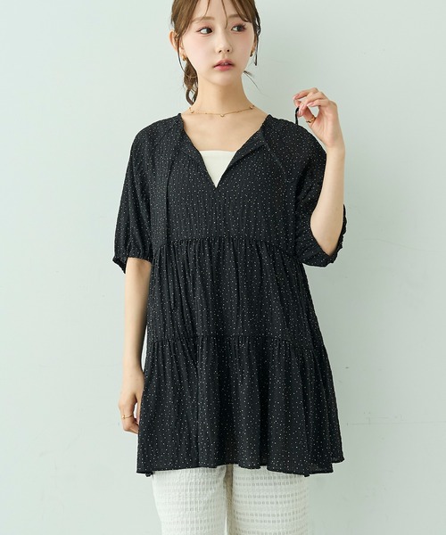 mil(ミル)の「ティアード ミニドレス / チュニックブラウス 【588204】(シャツ/ブラウス・レディース・ブラック/ブラック系/オフホワイト・S/XS)」の2枚目の写真