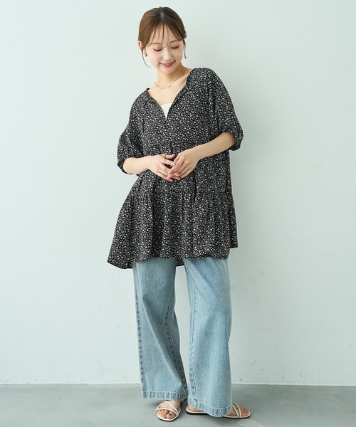 mil(ミル)の「ティアード ミニドレス / チュニックブラウス 【588204】(シャツ/ブラウス・レディース・ブラック/ブラック系/オフホワイト・S/XS)」の4枚目の写真
