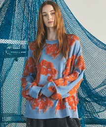 《UNISEX》Fringe Cut Jacquard Prime-Over Flower Pattern Knit Sweater/フリンジカットジャガードプライムオーバーフラワーパターンニットセーター【MAISON SPECIAL/メゾンスペシャル】