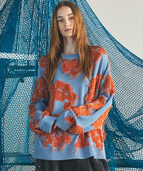 UNISEX》Fringe Cut Jacquard Prime-Over Flower Pattern Knit Sweater