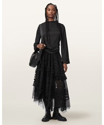 JEN TIERED LACE TEXTILE MIDI SKIRT | JEN ティアード レース テキスタイル ミディ スカート