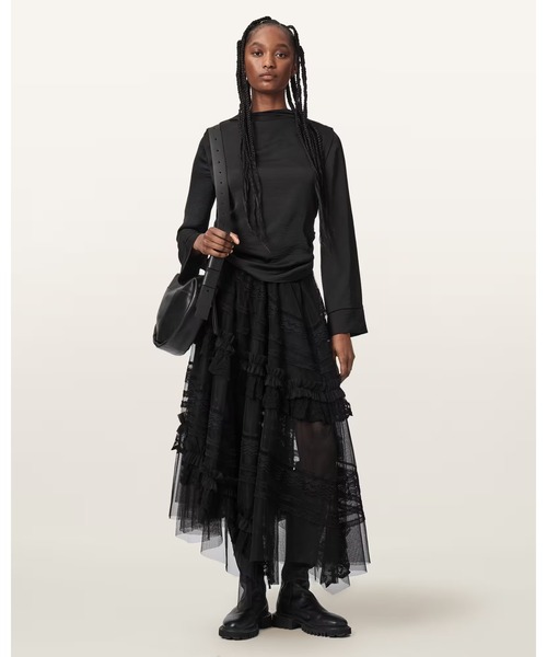 ALLSAINTS(オールセインツ)の「JEN TIERED LACE TEXTILE MIDI SKIRT | JEN ティアード レース テキスタイル ミディ スカート(スカート・レディース・ブラック・6/8/10)」の1枚目の写真