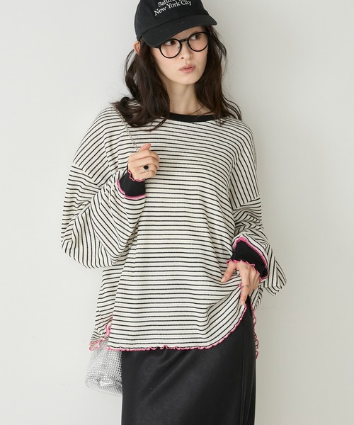 forksy.(フォルクシー)の「【forksy.】<エブリデイシリーズ>配色メロー オーバーサイズ ワッフルロンT / 抗菌防臭(Tシャツ/カットソー・レディース・ブラック/モカ/ホワイト系/ライトグレー/ブラック系/ブラウン/ダークグレー・FREE)」の2枚目の写真