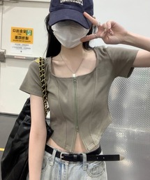 スクエアネックダブルジップ半袖カットソー
