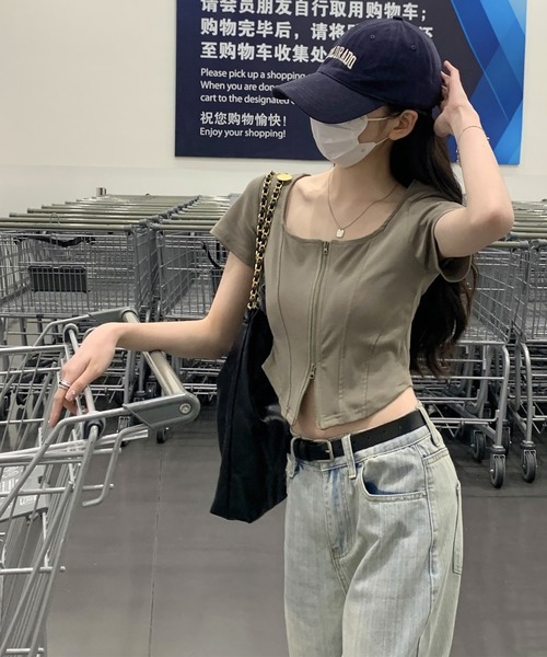 Girly Doll(ガーリードール)の「スクエアネックダブルジップ半袖カットソー(Tシャツ/カットソー・レディース・ブラック/ホワイト/キャメル・FREE)」の20枚目の写真