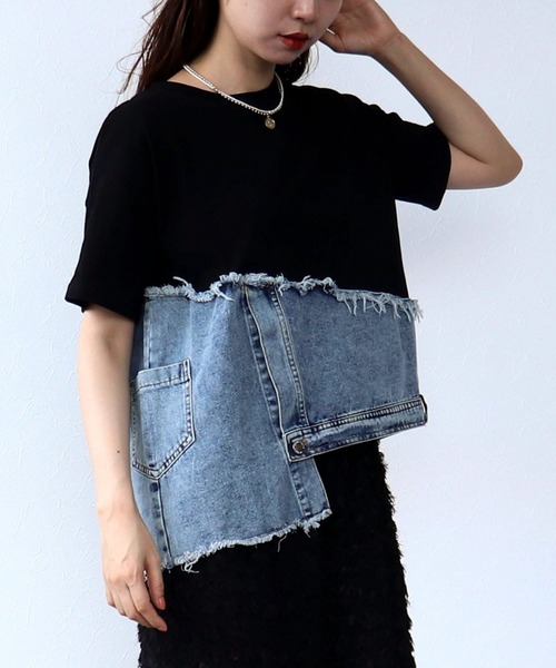 Cepica(セピカ)の「アシメデニム切替えカットTシャツ(Tシャツ/カットソー・レディース・ホワイト/ブラック・FREE)」の2枚目の写真