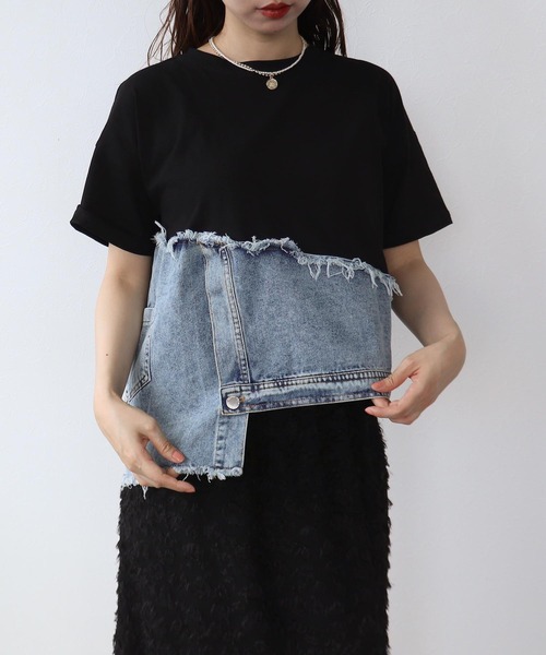 Cepica(セピカ)の「アシメデニム切替えカットTシャツ(Tシャツ/カットソー・レディース・ホワイト/ブラック・FREE)」の9枚目の写真