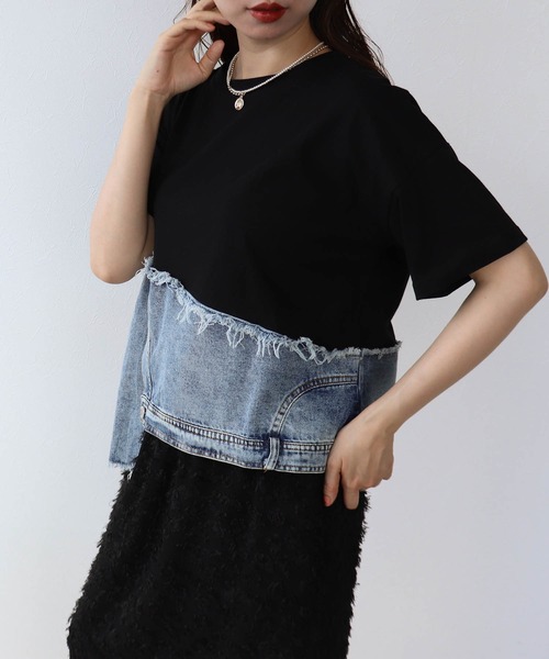 Cepica(セピカ)の「アシメデニム切替えカットTシャツ(Tシャツ/カットソー・レディース・ホワイト/ブラック・FREE)」の10枚目の写真