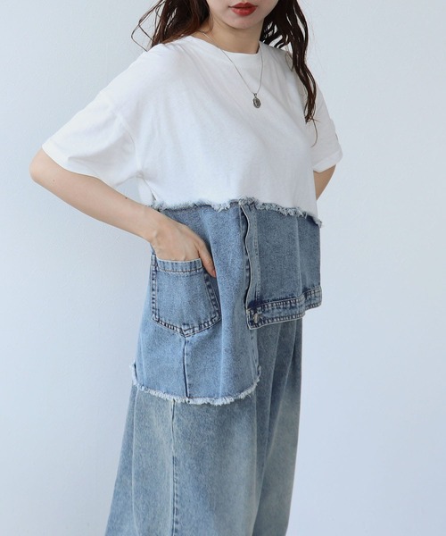 Cepica(セピカ)の「アシメデニム切替えカットTシャツ(Tシャツ/カットソー・レディース・ホワイト/ブラック・FREE)」の5枚目の写真