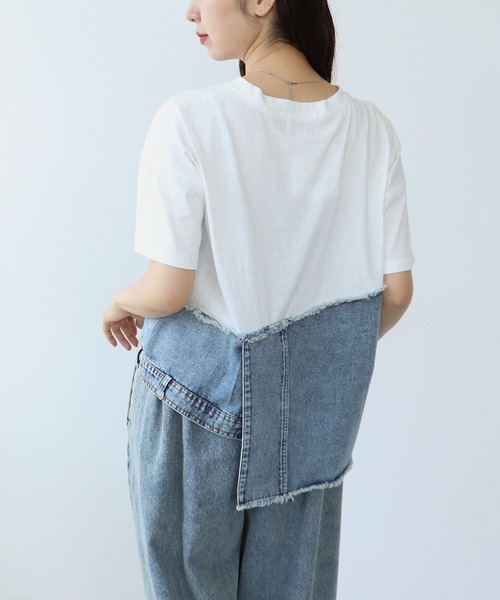 Cepica(セピカ)の「アシメデニム切替えカットTシャツ(Tシャツ/カットソー・レディース・ホワイト/ブラック・FREE)」の6枚目の写真
