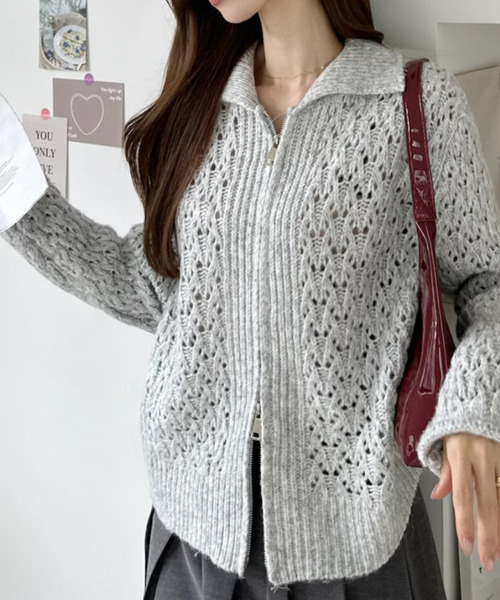 Ada.（エイダ）の「アイレットレース柄 ジップアップ ニット カーディガン（ニット/セーター・レディース・アイボリー/グレイッシュベージュ/ライトグレー・FREE）」の11枚目の写真