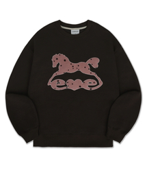 Vintage Heart Tail Horse アップリケ刺繍 スウェット Tシャツ AMM1414(ダークブラウン)