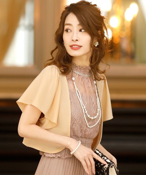 結婚式・お呼ばれ◆バックリボン*フォーマルボレロ*Mサイズ*ベージュ 結婚式 大きいサイズ レディース パーティー ドレス 着丈