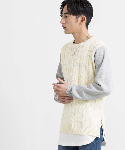 WEGO(ウィゴー)の「WEGO/サイドジップケーブルニット(ニット/セーター・メンズ・オフホワイト/杢グレー・LARGE/MEDIUM)」の1枚目の写真