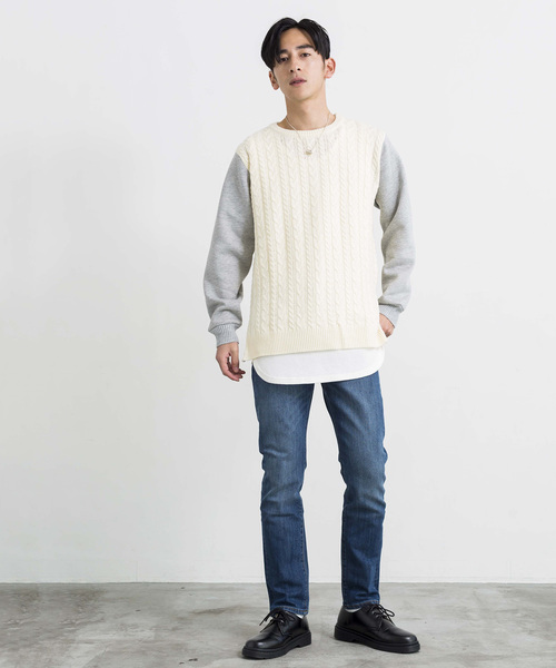 WEGO(ウィゴー)の「WEGO/サイドジップケーブルニット(ニット/セーター・メンズ・オフホワイト/杢グレー・LARGE/MEDIUM)」の3枚目の写真